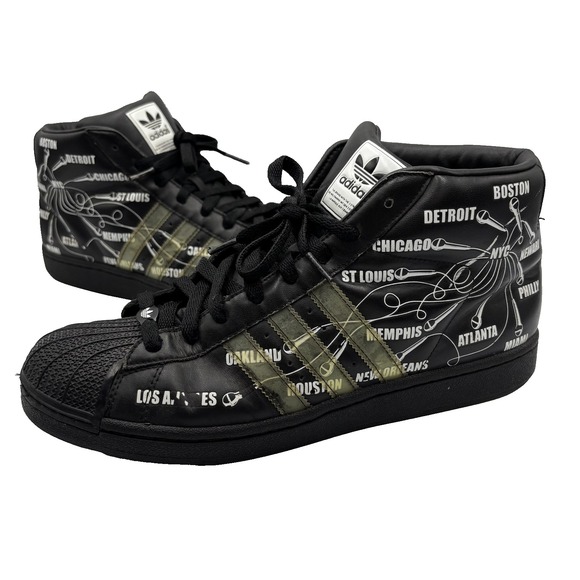 Adidas Superstar Shoes Mens Size 11 Black Hip Hop Cities Graphic High Top 030004 - Picture 1 of 12